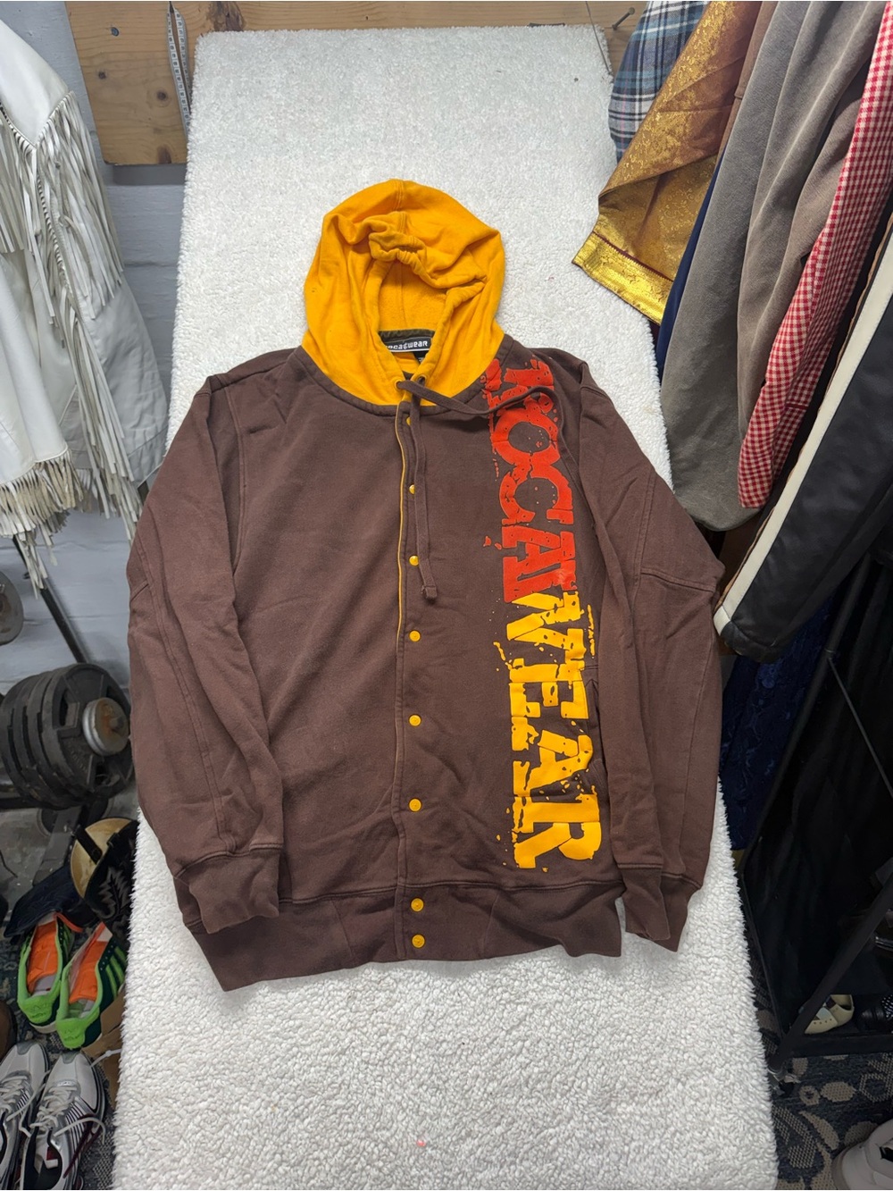 Vintage Rocawear Brown & Gold Hoodie button up Jacket w Bold Side Print, size XL